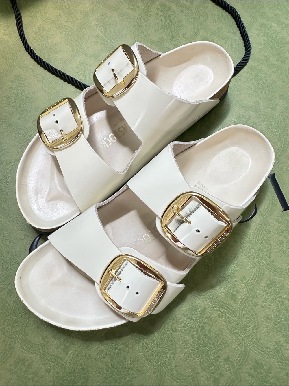 Birkenstock White Slides with Gold Buckles